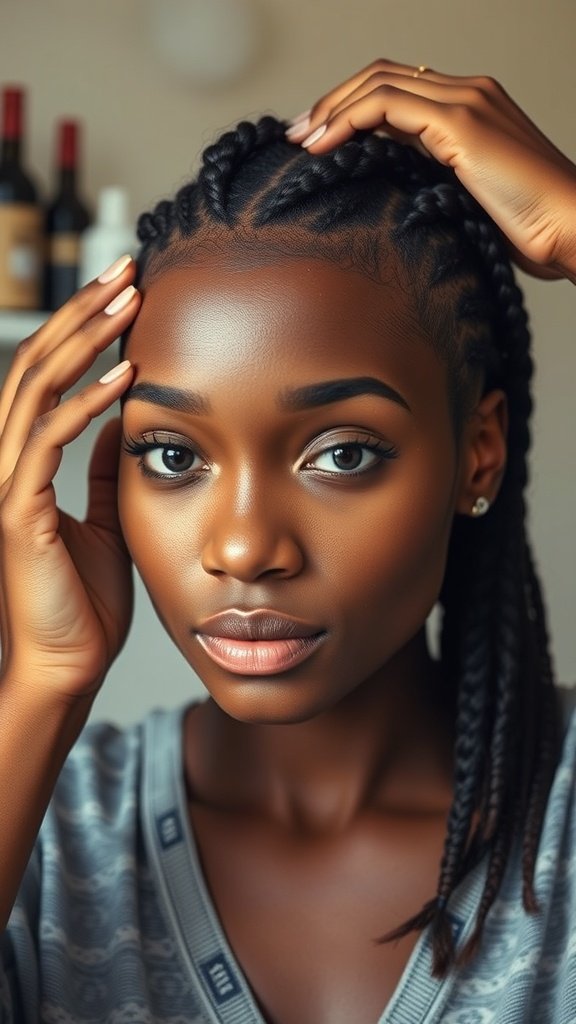 A close-up of a person with short knotless braids, showcasing the neatness and curly ends of the hairstyle.