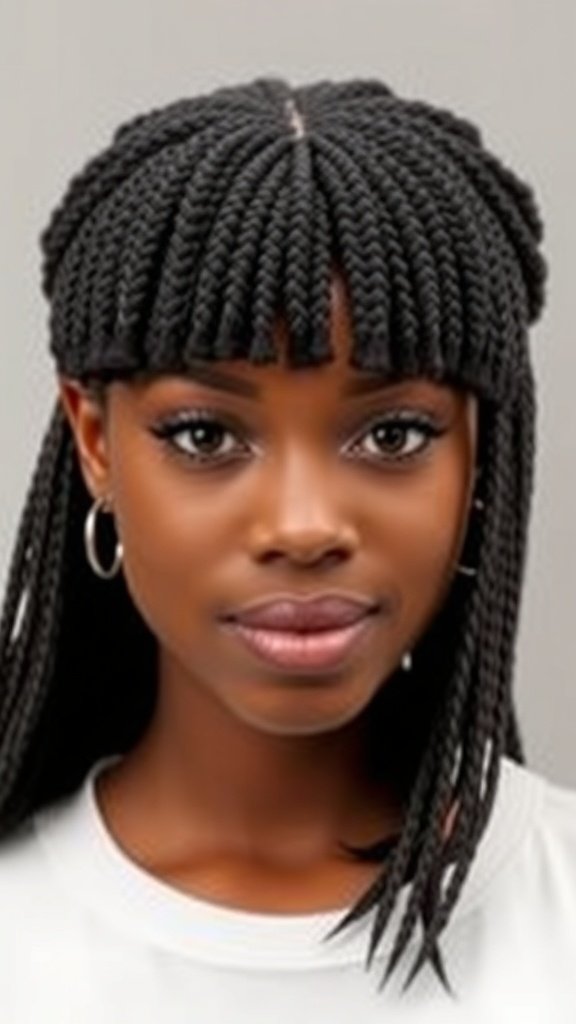 A woman with knotless box braids styled into braided bangs, showcasing a chic and youthful look.
