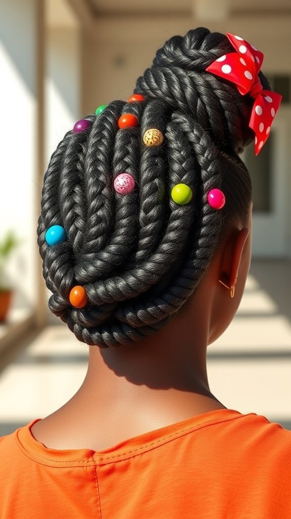 A braided bun hairstyle adorned with colorful accessories, showcasing knotless box braids.