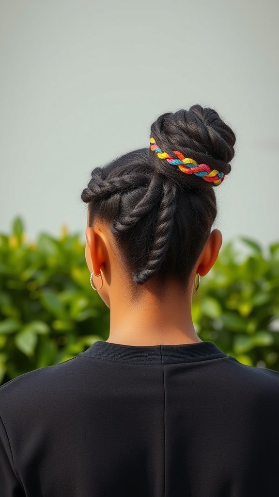 A stylish braided bun with colorful accessories, showcasing knotless box braids.