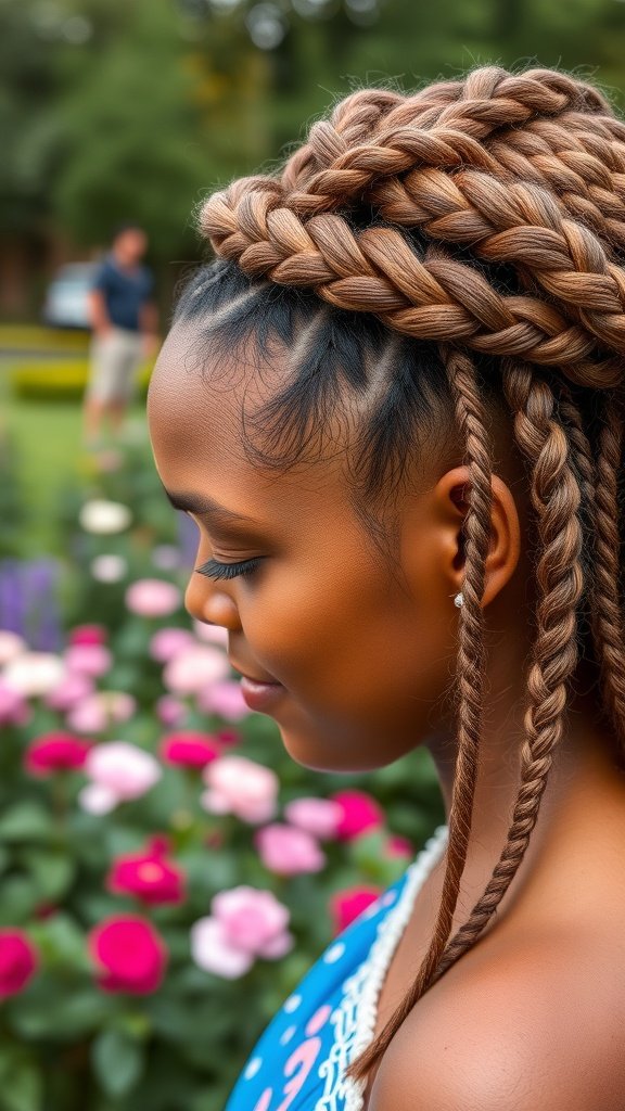 A woman with a braided crown hairstyle featuring boho knotless braids, surrounded by colorful flowers.