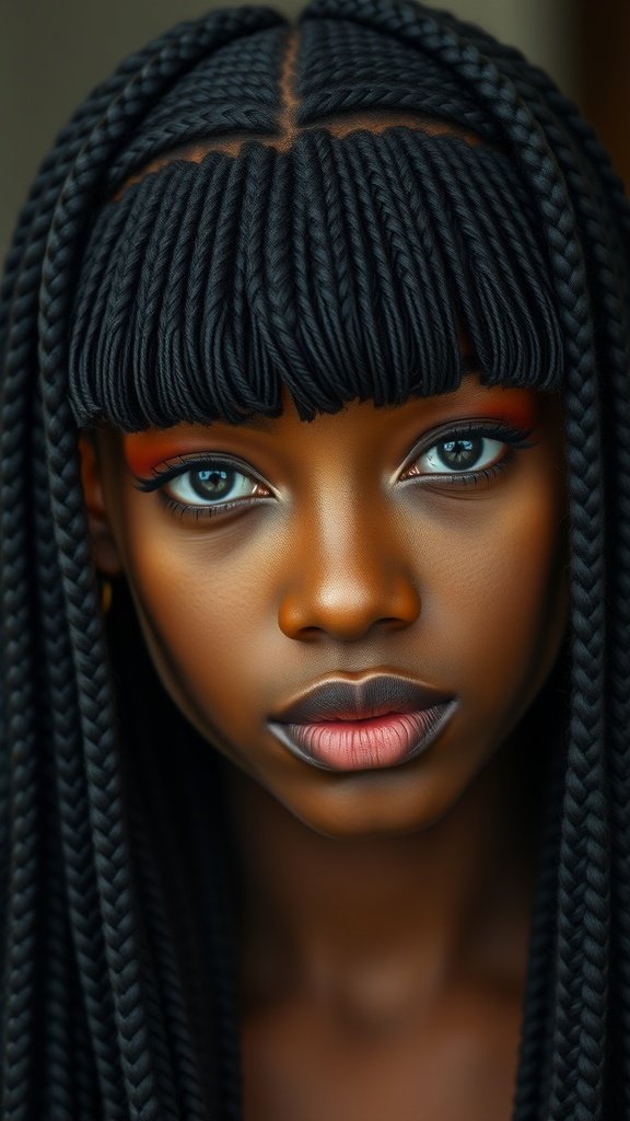 A close-up of a person with knotless box braids styled in a fringe, showcasing the texture and framing of the face.
