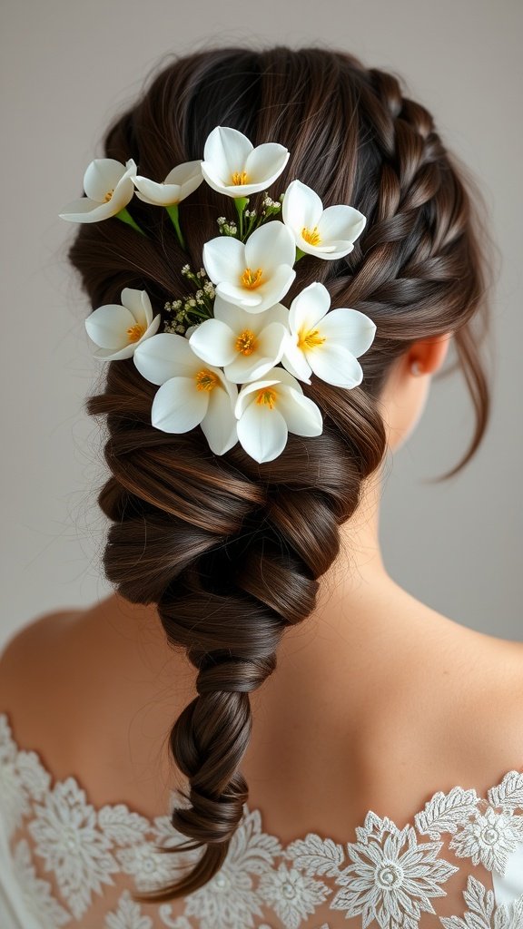 A woman with a braided low bun adorned with white flowers.