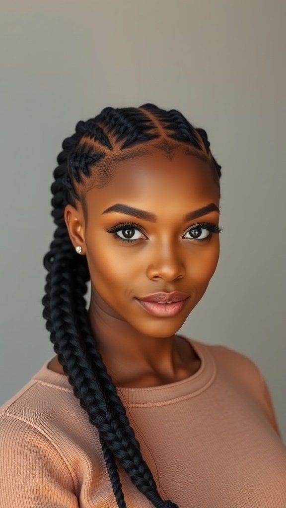 A woman with knotless box braids styled in a low ponytail, showcasing a chic and elegant look.