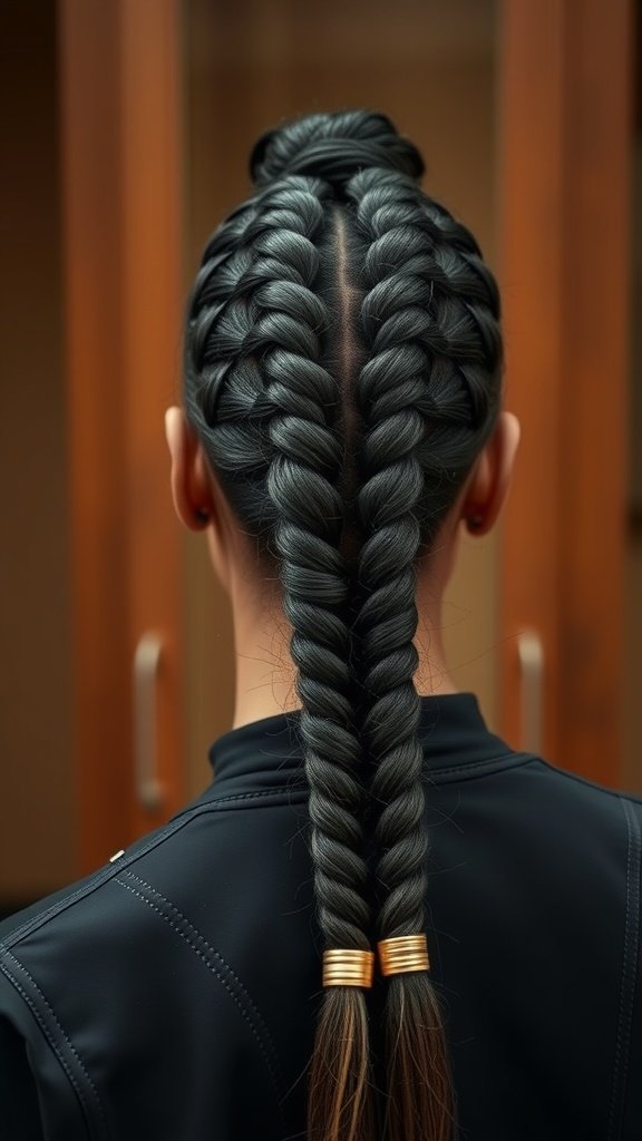 A woman with knotless box braids styled in a high ponytail, adorned with gold cuffs.
