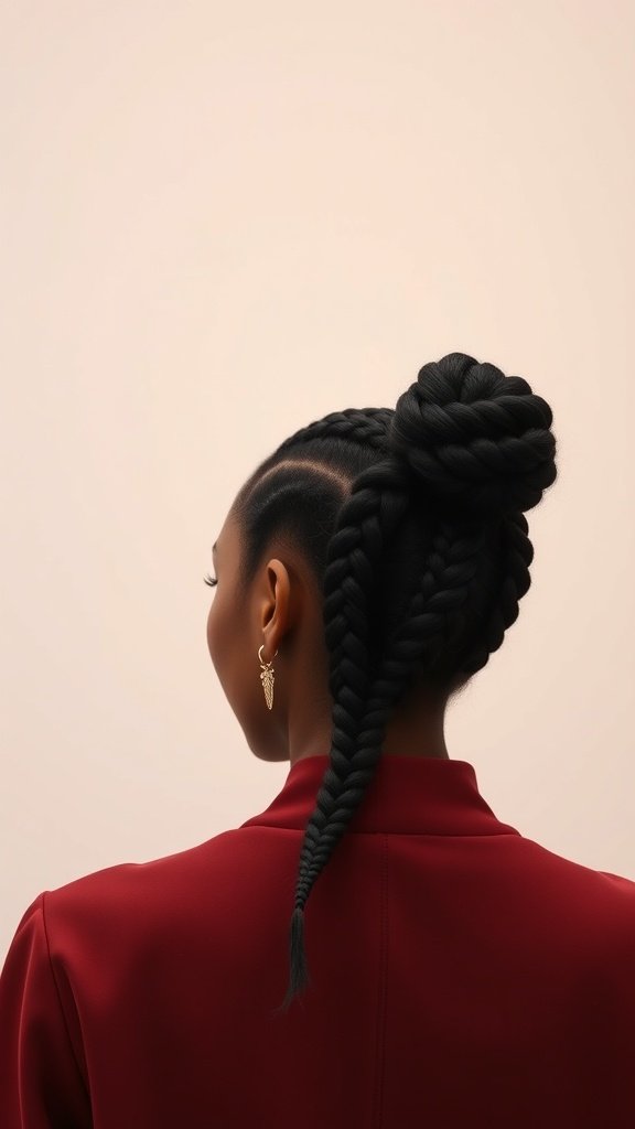 A woman with knotless box braids styled in a braided side bun, showcasing elegance and style.