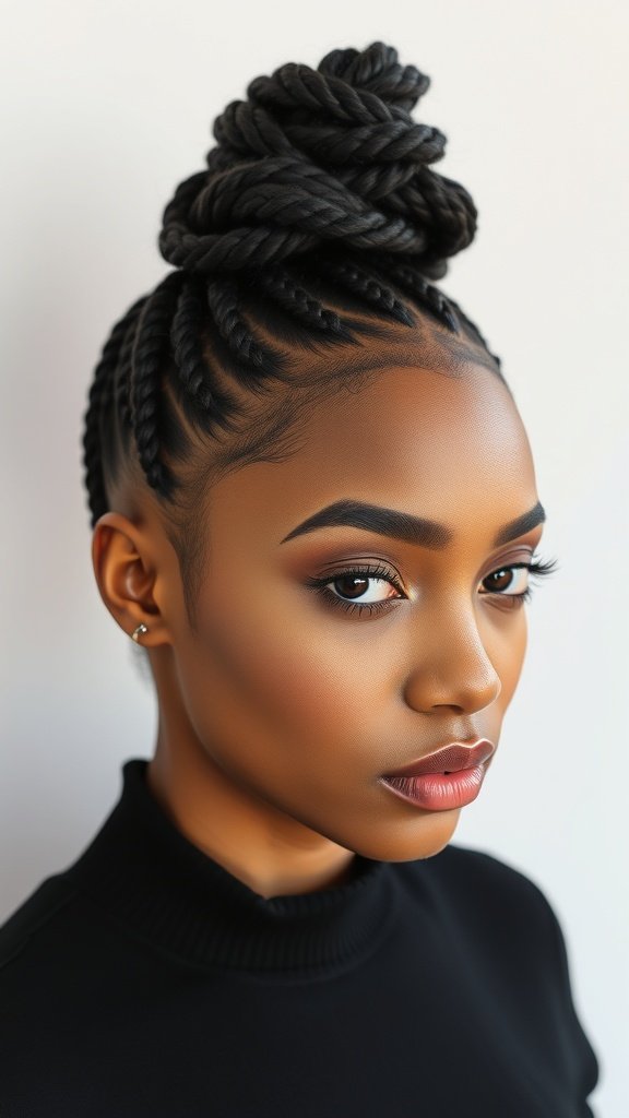 A woman with a braided top knot hairstyle, showcasing knotless box braids.