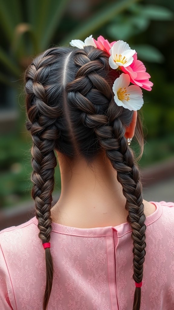 A girl with knotless box braids styled in an updo with flowers