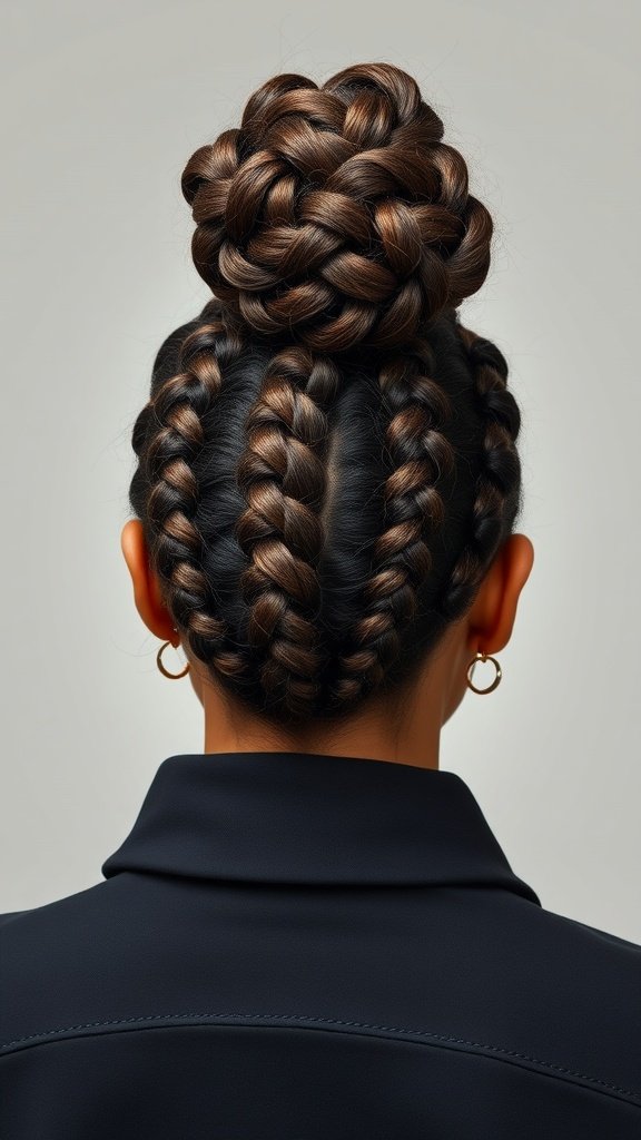 A woman with a braided updo featuring twists and a large bun, showcasing a stylish and practical hairstyle.
