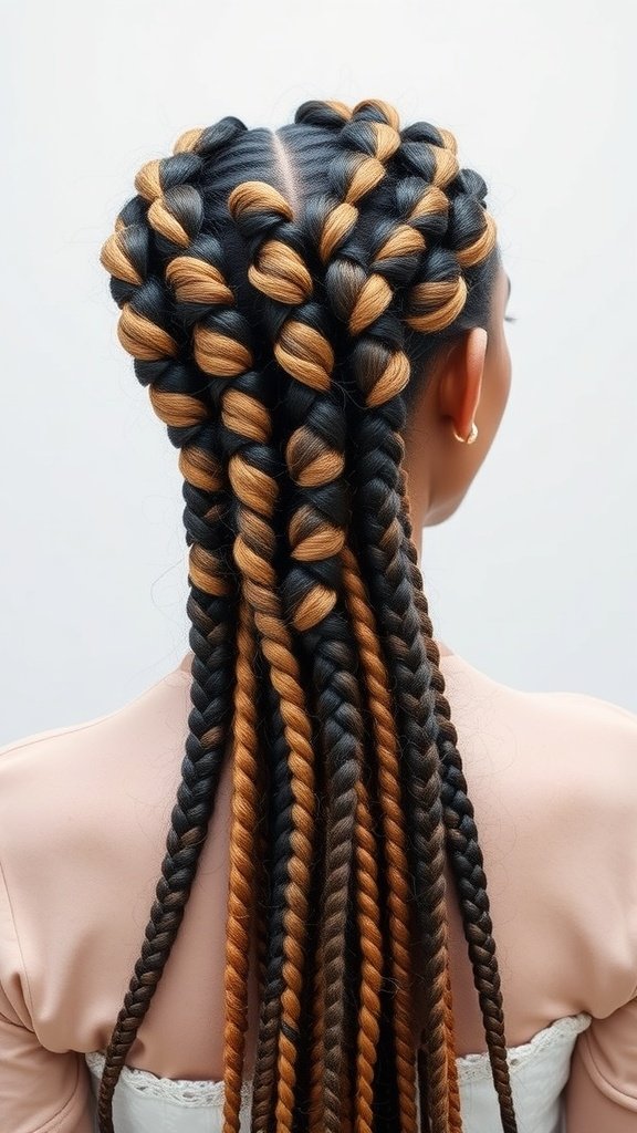 A woman with knotless box braids styled in a braided waterfall design, featuring a mix of dark and light colors.