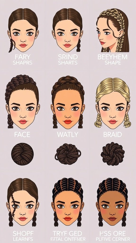Illustration showing different braid styles for various face shapes.