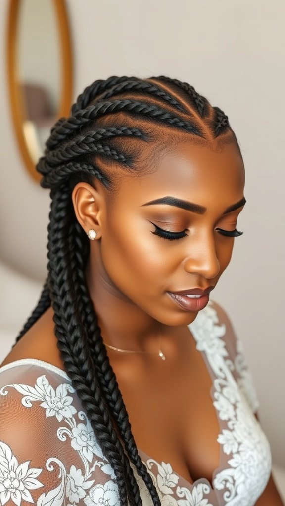 A close-up of a woman with medium knotless box braids styled elegantly, showcasing a beautiful braid pattern.