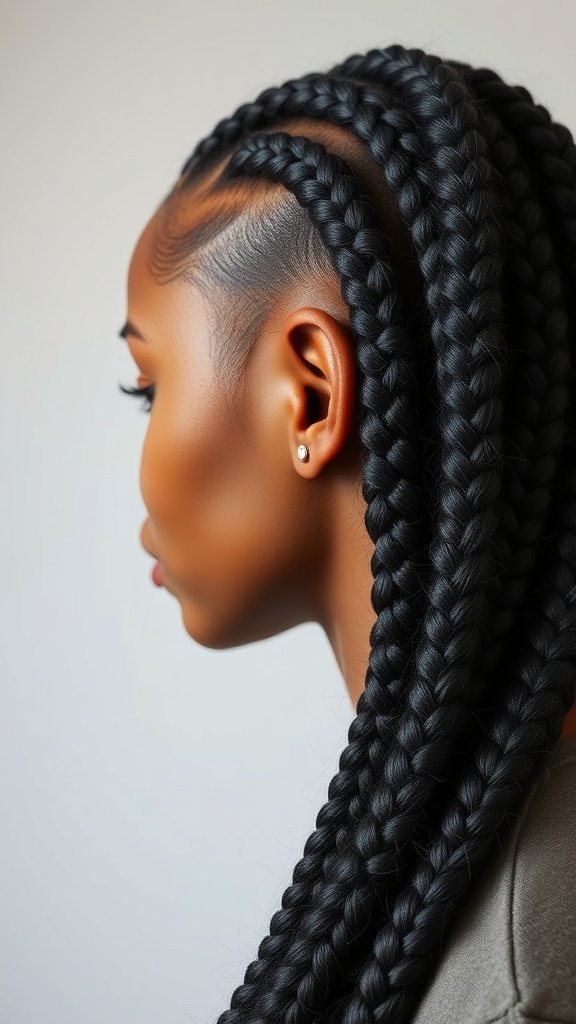 A profile view of a model showcasing large knotless box braids, highlighting neat sections and a stylish look.