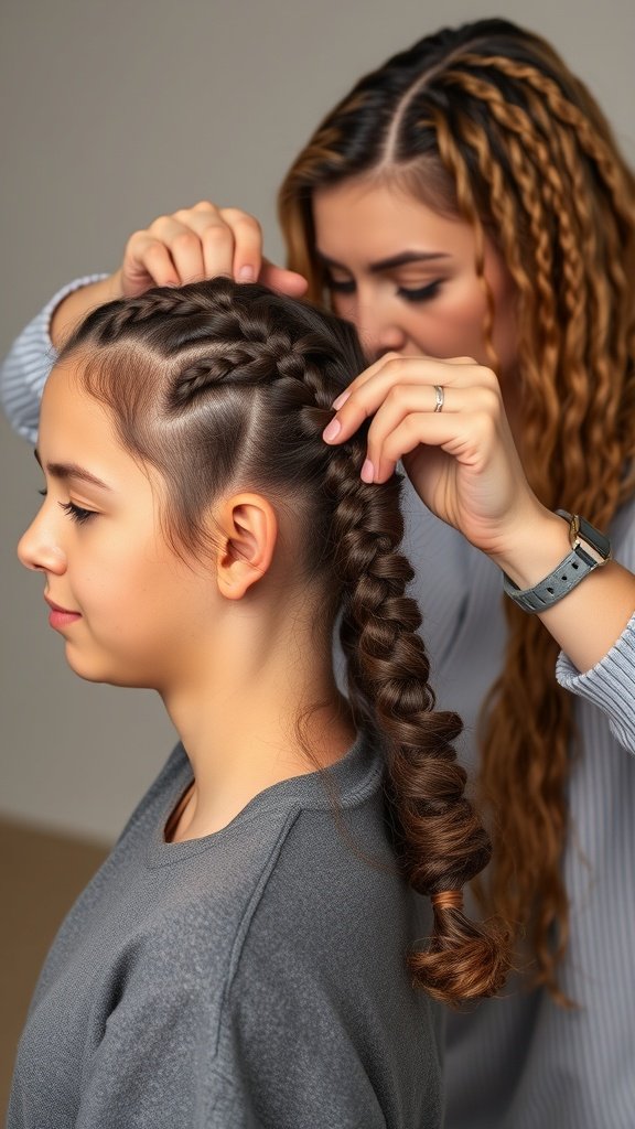 A person braiding hair into short knotless braids with curly ends.
