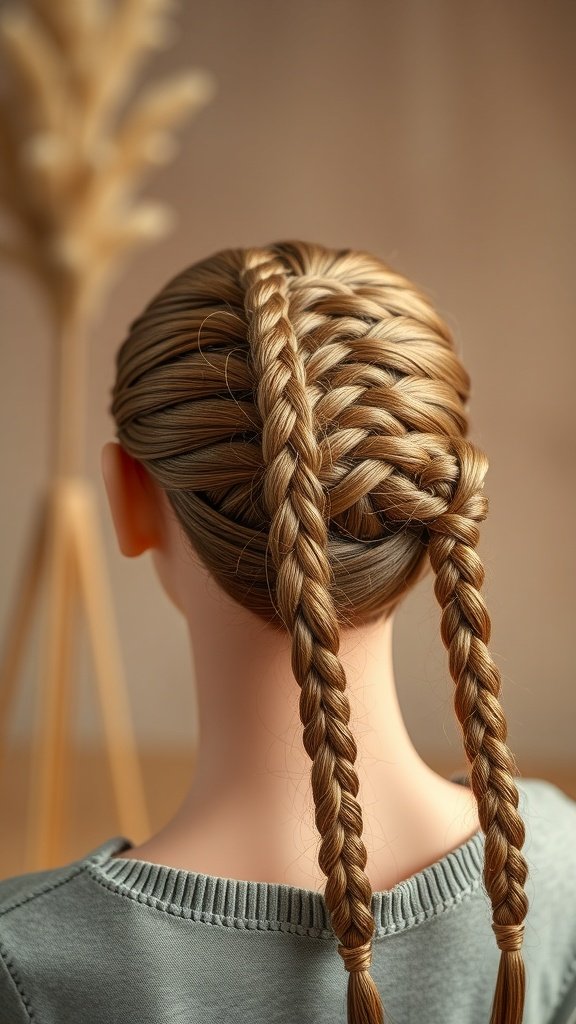 A close-up view of a mannequin's hair styled in honey blonde knotless braids, showcasing intricate braiding techniques.