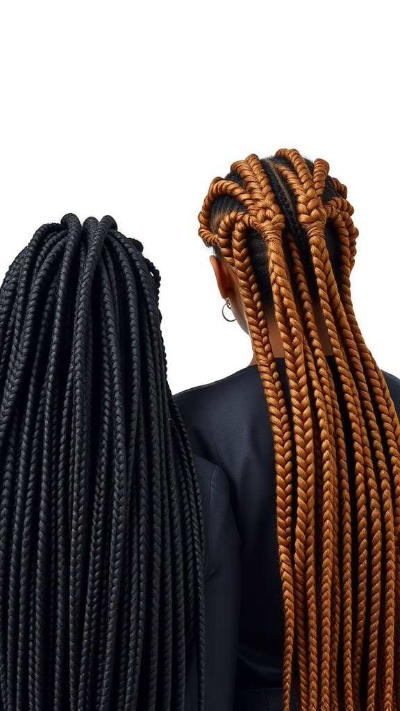 Two women with different styles of box braids, one with black braids and the other with blonde knotless braids.