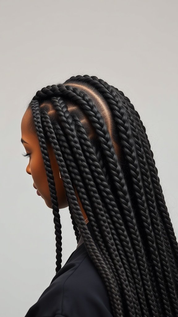 A close-up view of a woman with medium knotless box braids, showcasing the neatness and style of the braids.