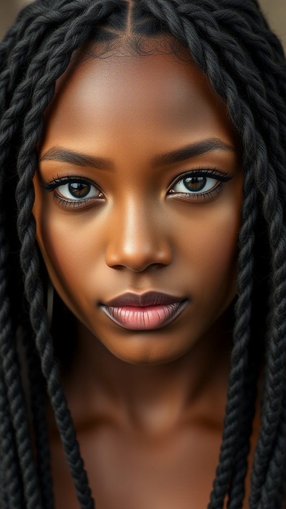 Close-up of a person with short bohemian knotless braids, highlighting facial features.