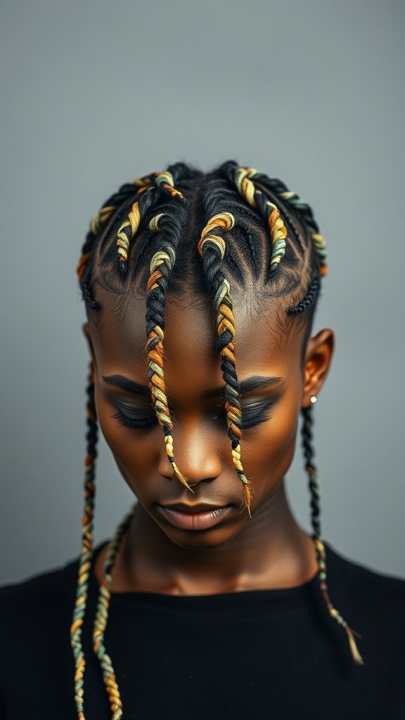 A close-up of a person with colorful short bohemian knotless braids, showcasing intricate patterns and vibrant colors.