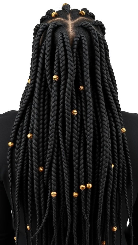 Long knotless box braids with golden beads accentuating the hairstyle.