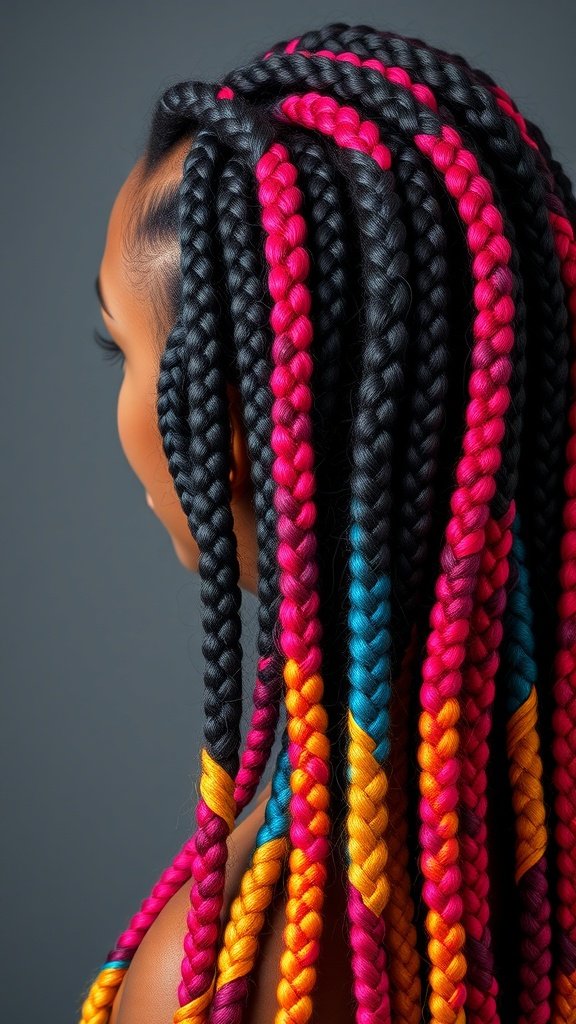 Knotless box braids styled with vibrant color highlights in pink, blue, and orange.