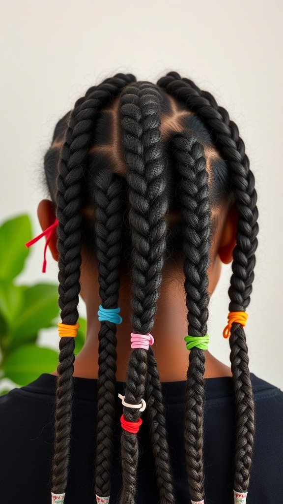A close-up view of knotless box braids styled with colorful hair ties.