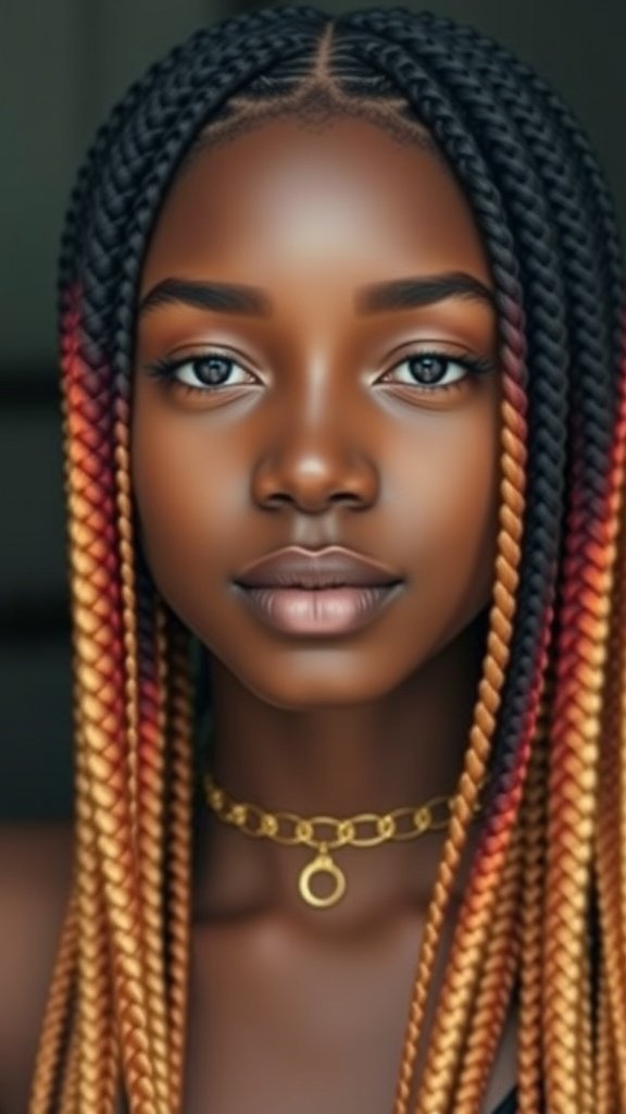 A close-up of a person with colorful ombre knotless box braids, showcasing a blend of warm tones.