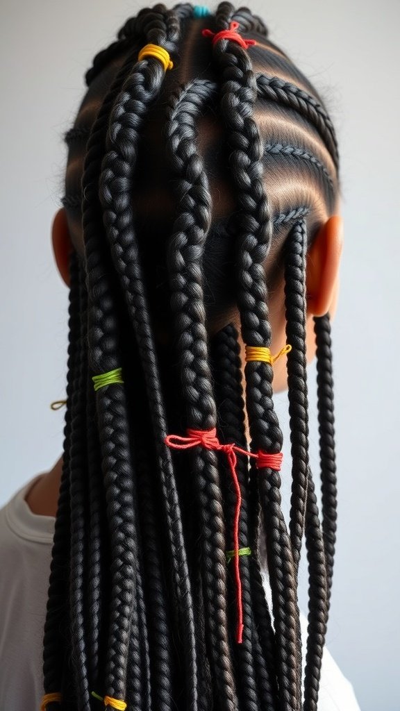 Knotless box braids with colorful threads in red, yellow, and green.