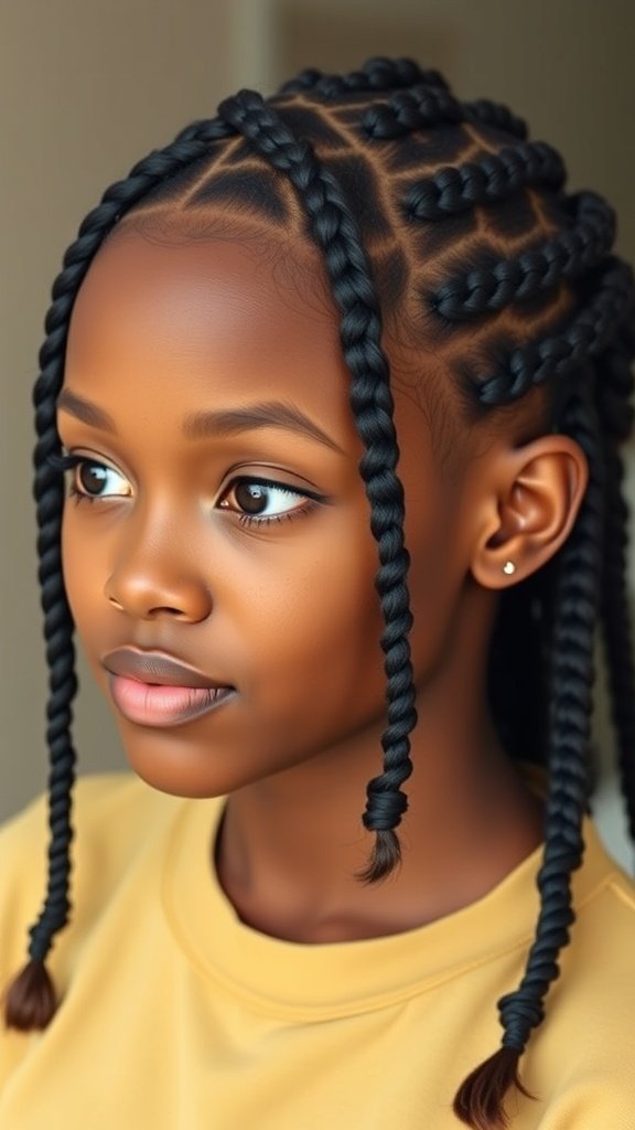 A young girl with knotless box braids featuring curly ends, showcasing a stylish and playful hairstyle.