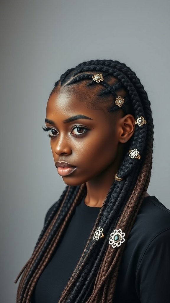 A model with knotless box braids adorned with decorative clips, showcasing a stylish hairstyle.