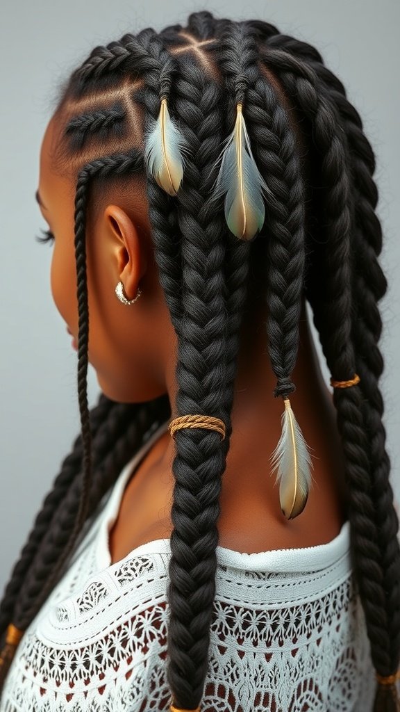 A close-up of knotless box braids styled with feather accents, showcasing a unique and elegant hairstyle.