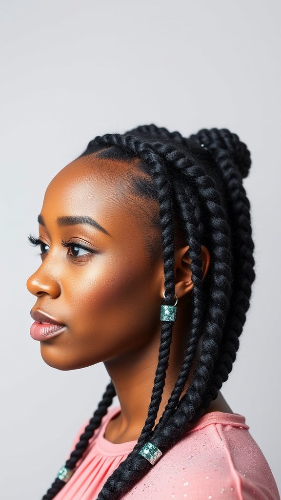 A woman showcasing knotless box braids styled with glitter gel, highlighting the shiny accents in her hair.