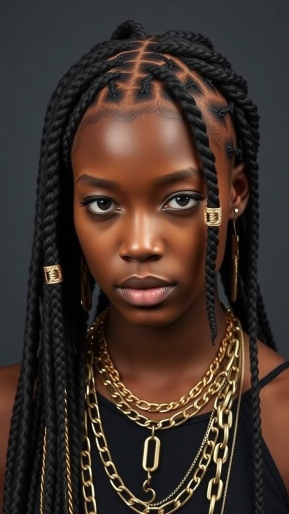 A person with knotless box braids styled with gold hair chains, showcasing a trendy look.