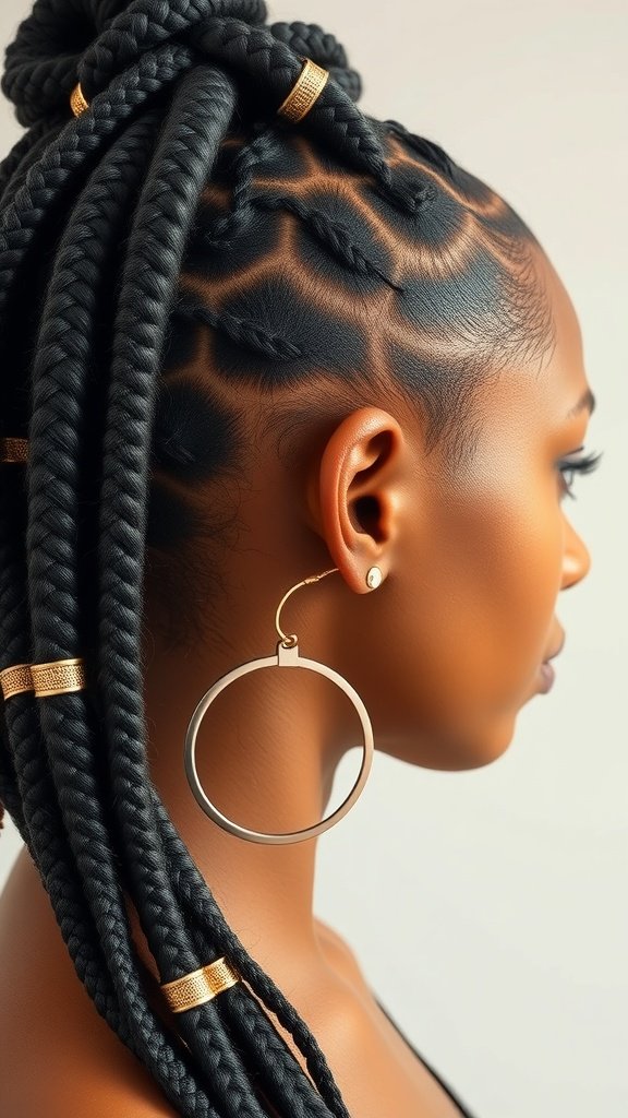 A profile view of a woman with knotless box braids adorned with gold hair rings.