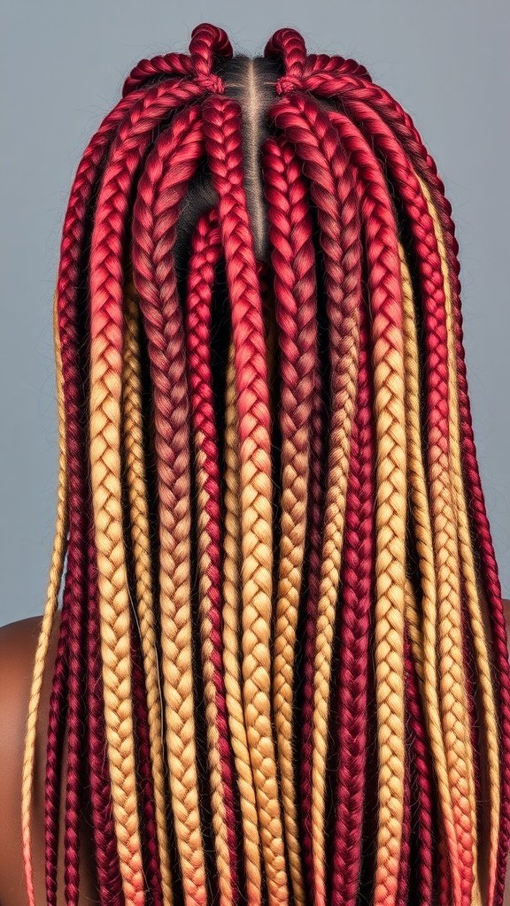 Knotless box braids with an ombre color effect transitioning from red to blonde.