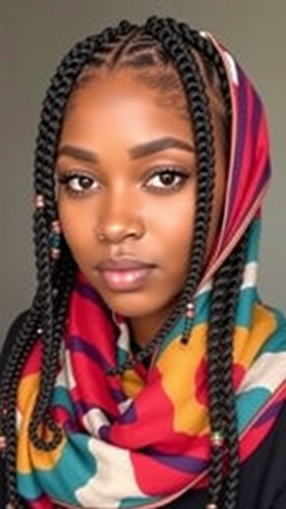 A person with knotless box braids wearing a colorful scarf wrap.