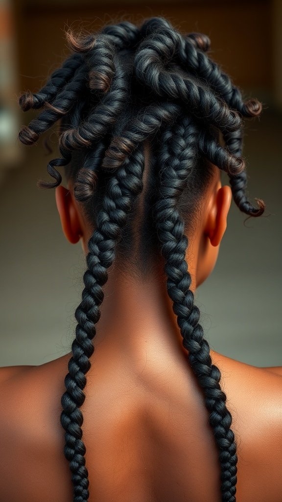 A close-up view of knotless box braids styled with spirals, showcasing a playful and textured hairstyle.