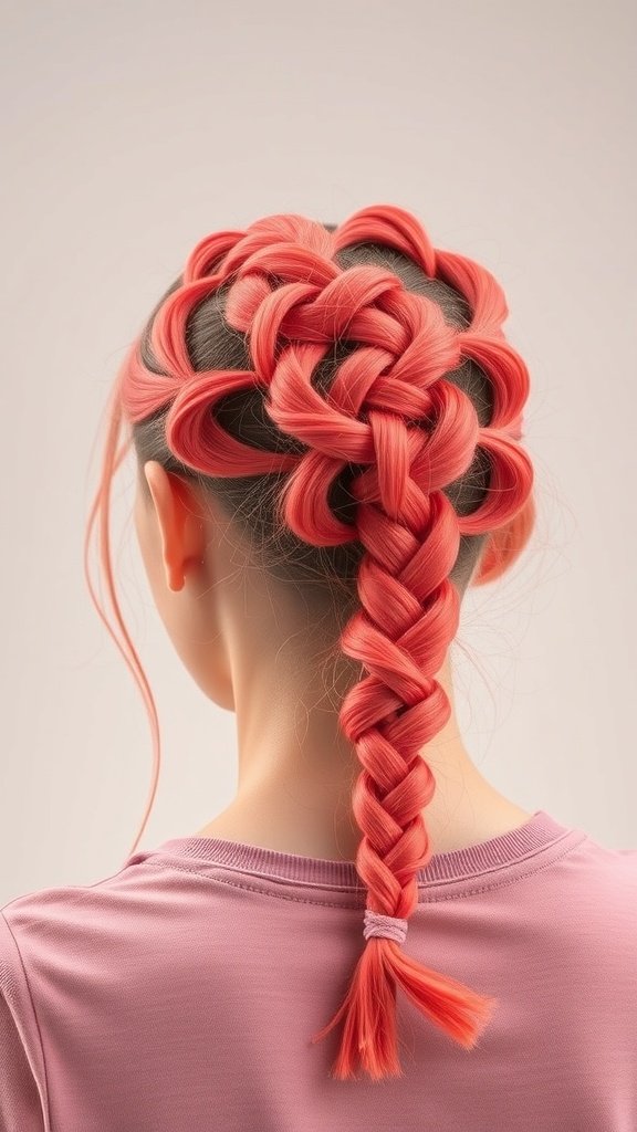 A back view of a person with bright coral knotless braids styled in a beautiful braid.