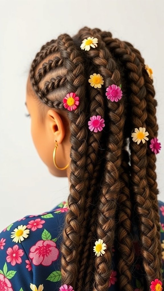 A close-up of boho knotless braids decorated with colorful flowers, showcasing a vibrant hairstyle.