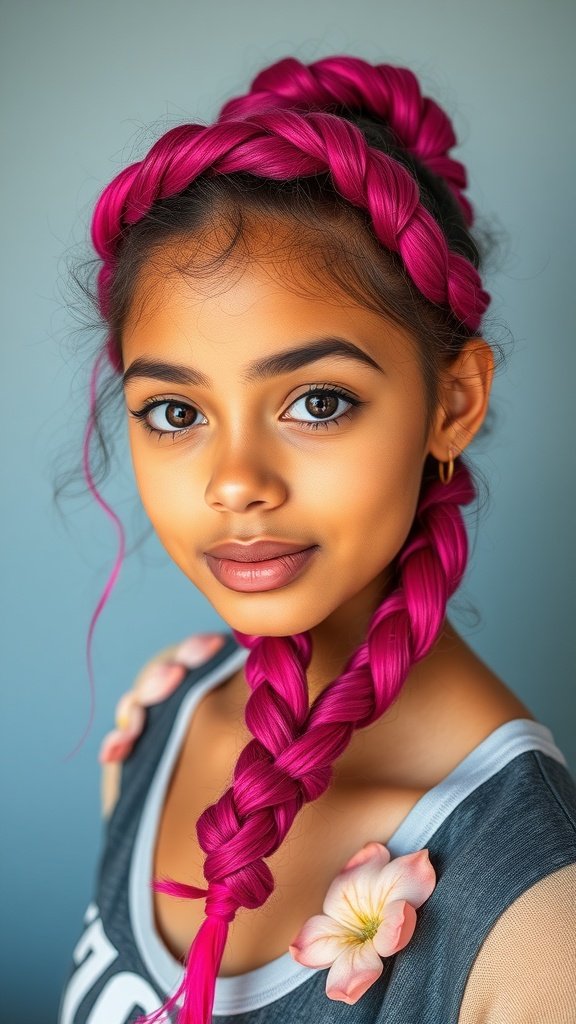 A young girl with bright fuchsia knotless braids styled elegantly with flowers.