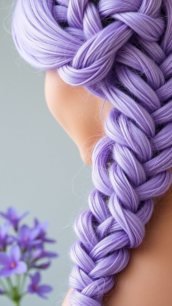 A close-up of bright lavender knotless braids styled elegantly.