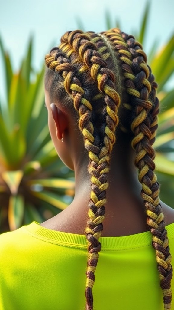 A close-up of bright lime knotless braids styled in a unique pattern, showcasing a mix of colors.