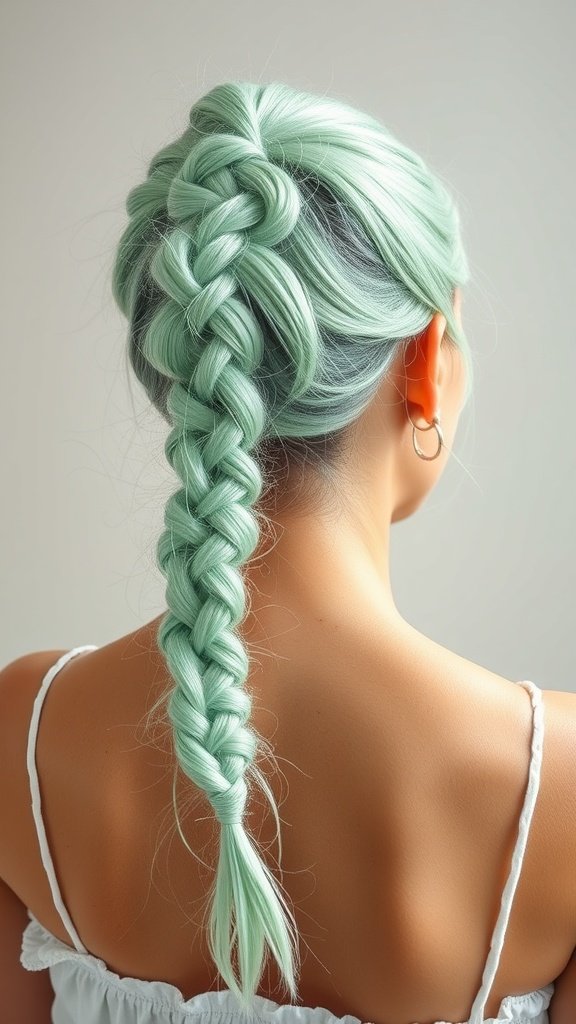 A woman with bright mint knotless braids styled in a neat braid.