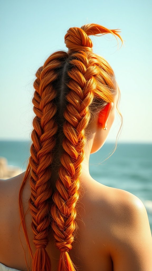 A woman with bright orange knotless braids styled in two braids, standing by the ocean.
