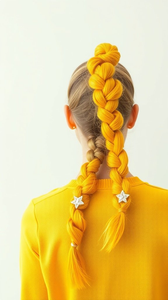 A person with bright yellow knotless braids styled in two sections, adorned with star clips.