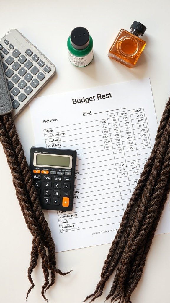 Budgeting sheet with calculator and braiding hair for knotless box braids