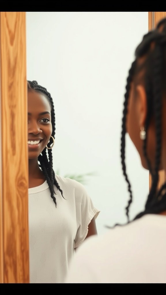 A woman smiling at her reflection while showcasing her knotless braids.