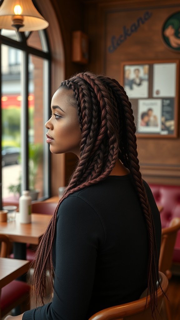 A woman with burgundy knotless braids styled elegantly in a cafe setting.