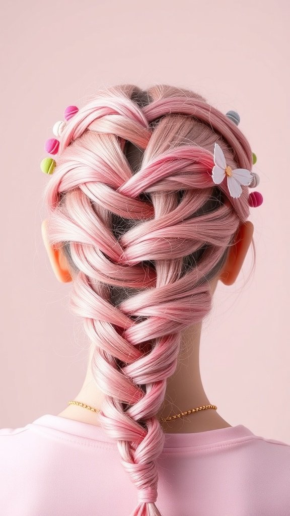 A close-up view of candy pink knotless braids styled with colorful beads and a butterfly clip.