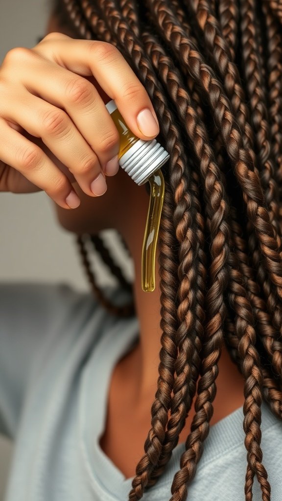 A person applying oil to their brown knotless braids, showcasing hair care.